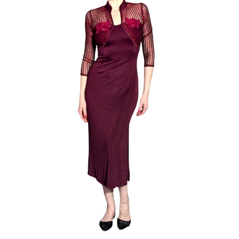 Vintage Reebok Classic 90s‎ Y2K Sporty Mesh Burgundy Midi Dress Rose Embroidery